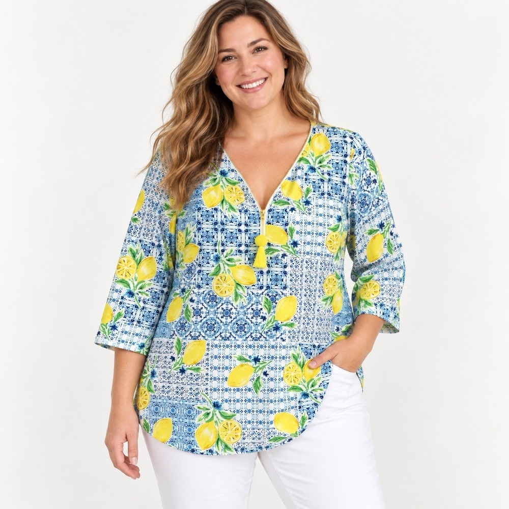 Belle by Kim Gravel XL Lemon Tile Print Tunic Top Blue Yellow 3/4 Sleeve